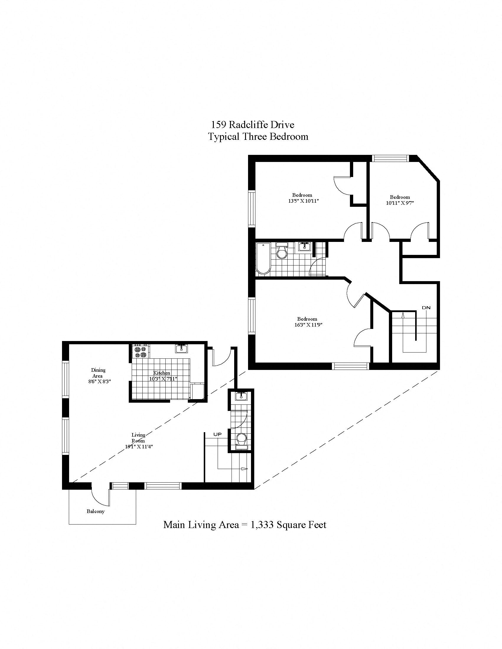 Floor plan for 3 beds, 1.5 baths